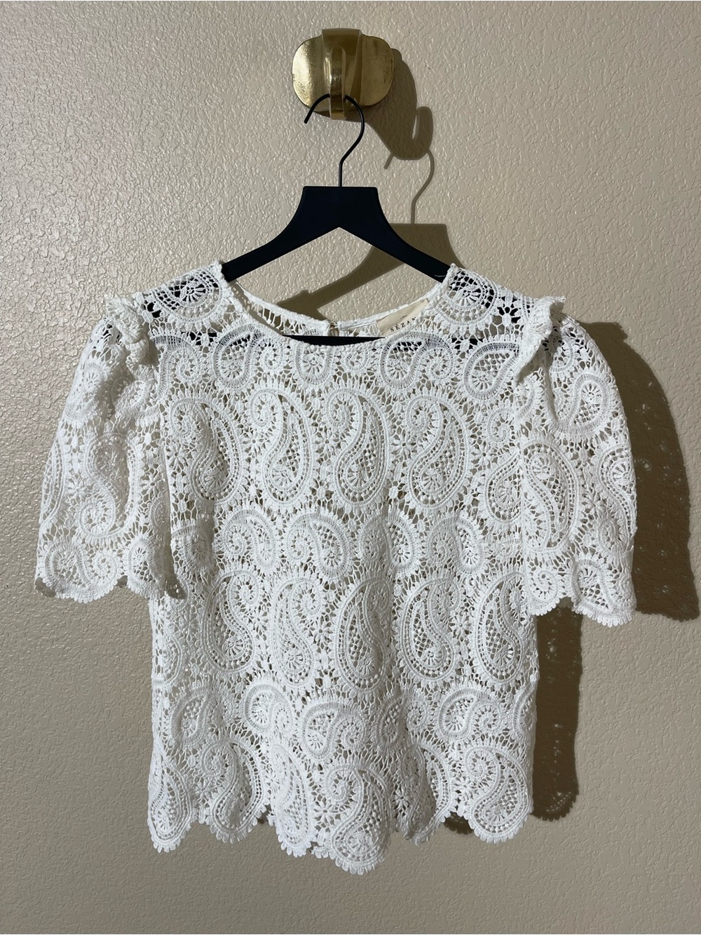 Sezane White Crochet Lace Short Sleeve Top - Picture 3 of 8